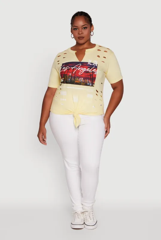 Plus Size Cut Out Los Angeles Graphic Knot Front Tee made by Rainbow