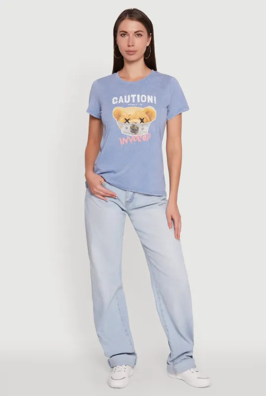 Acid Wash Teddy Bear Caution Graphic Crew Neck Tee sold by Rainbow