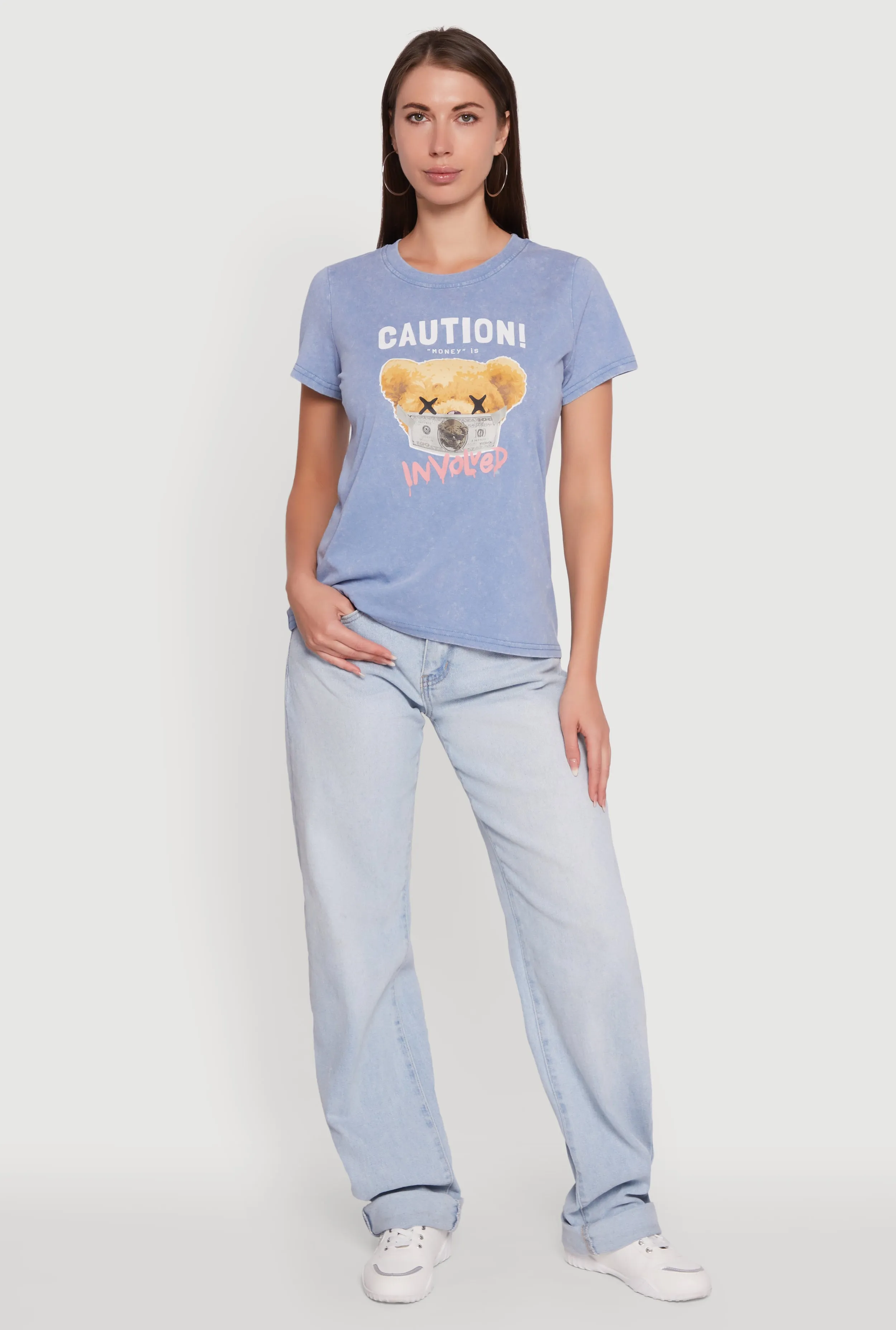 Acid Wash Teddy Bear Caution Graphic Crew Neck Tee sold by Rainbow