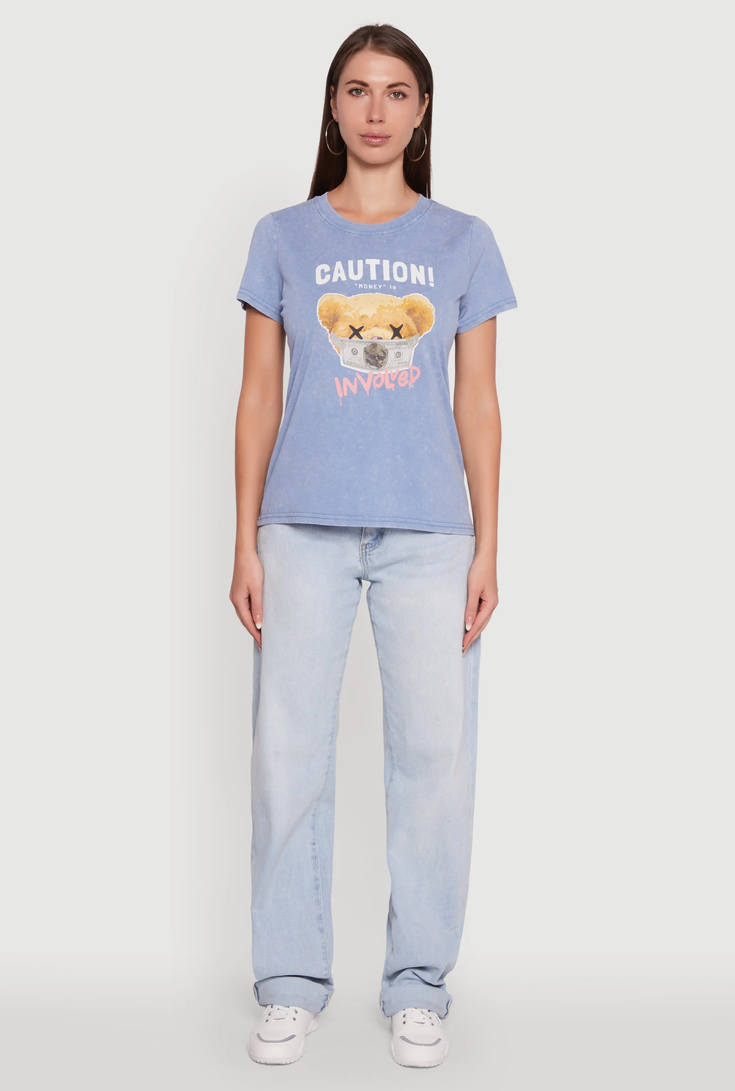 Acid Wash Teddy Bear Caution Graphic Crew Neck Tee sold by Rainbow product image thumbnail 3