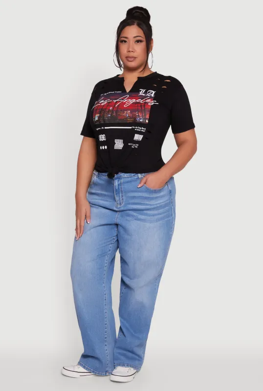 Plus Size Cut Out Los Angeles Graphic Knot Front Tee sold by Rainbow