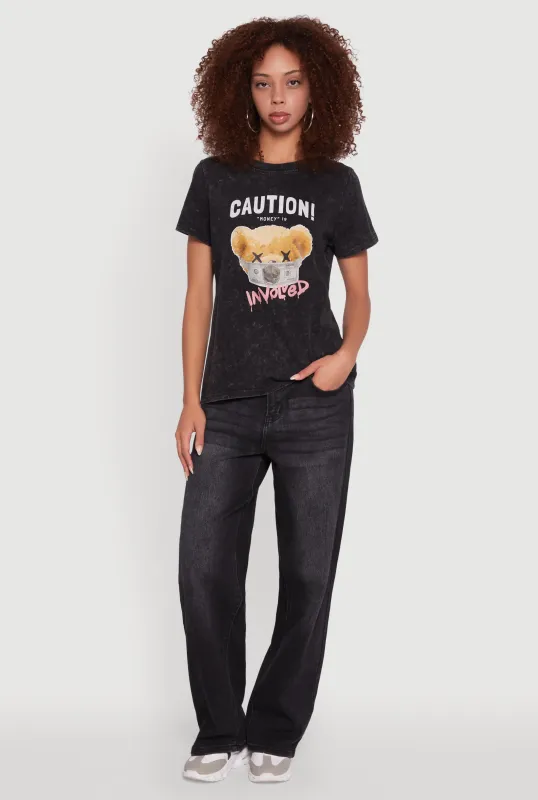 Acid Wash Teddy Bear Caution Graphic Crew Neck Tee sold by Rainbow