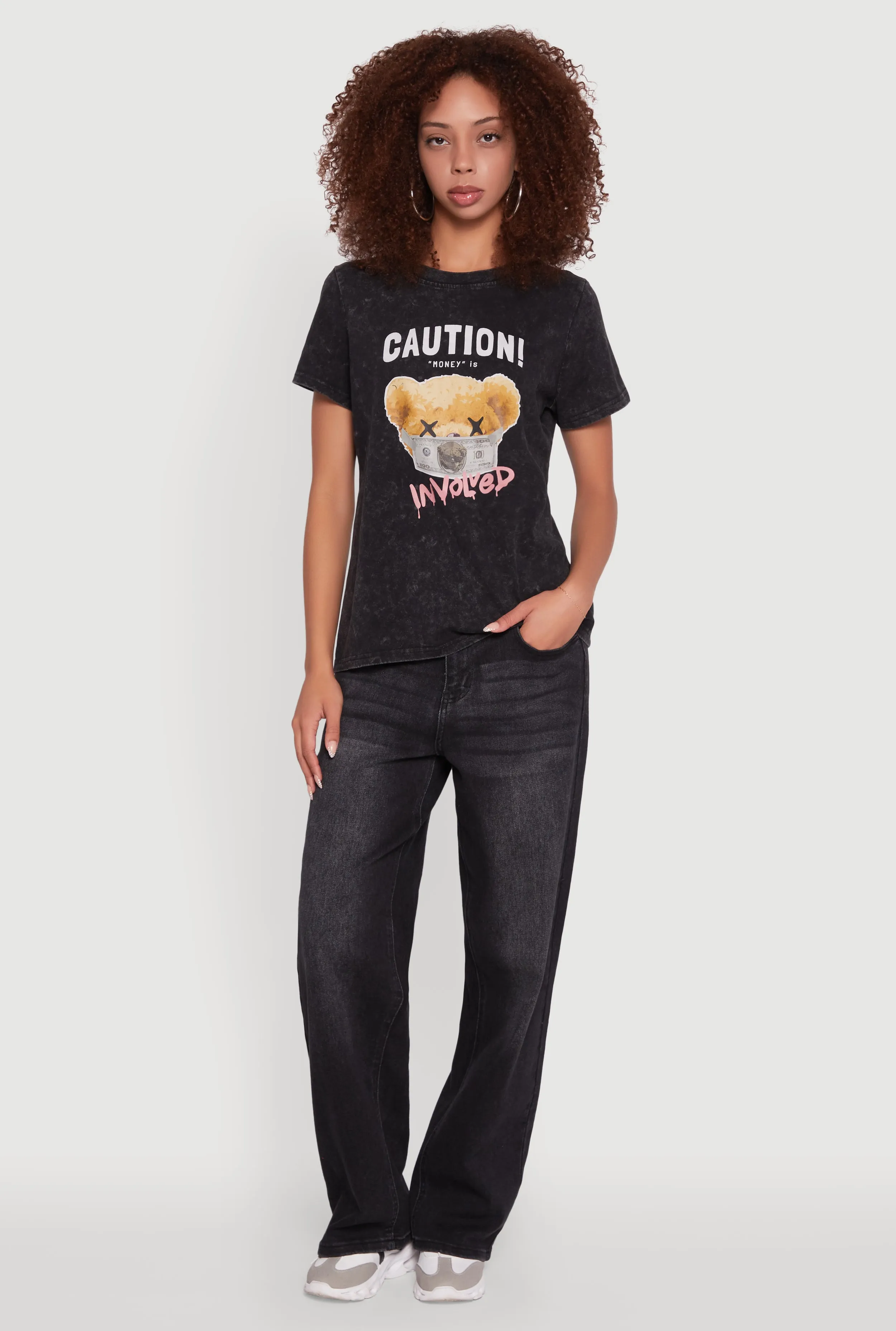 Acid Wash Teddy Bear Caution Graphic Crew Neck Tee sold by Rainbow