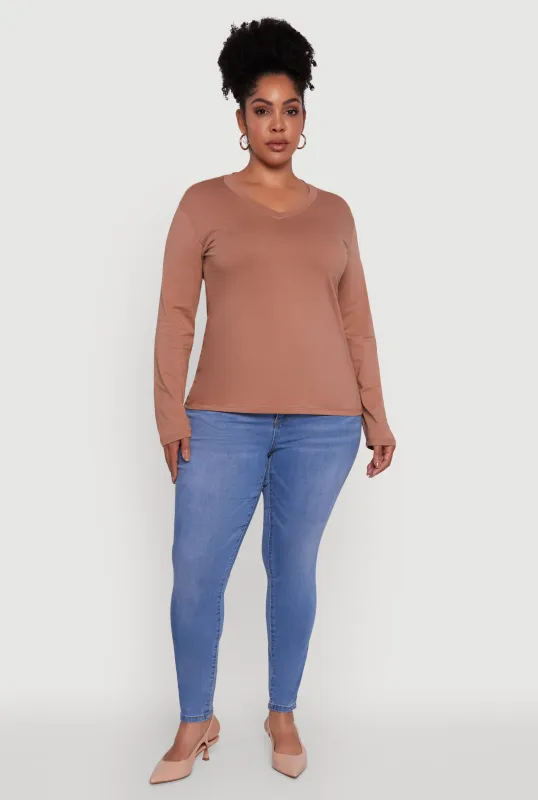 Plus Size Basic V Neck Long Sleeve T-Shirt sold by Rainbow