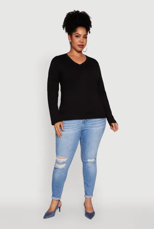 Plus Size Basic V Neck Long Sleeve T-Shirt sold by Rainbow