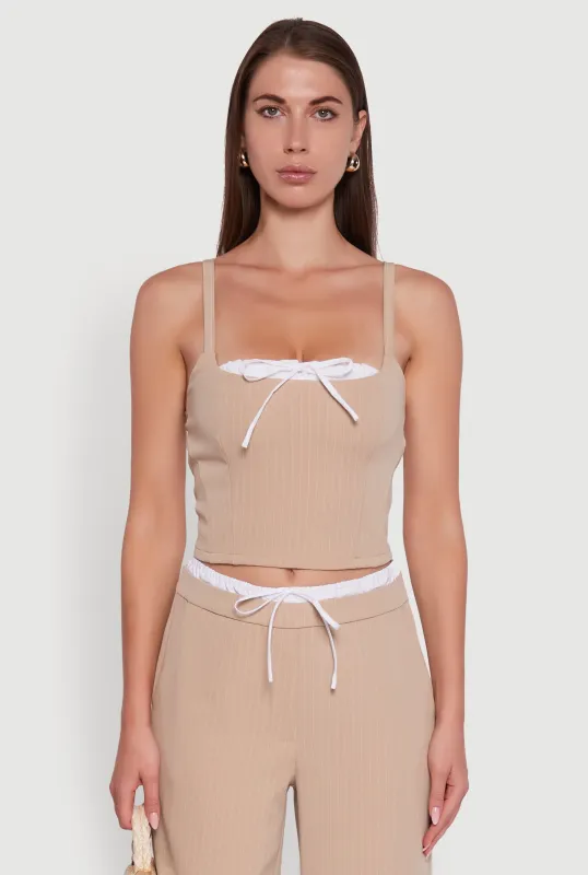 Iris Pinstripe Crop Top with Tie Front and Lace-Up Detail sold by Rainbow