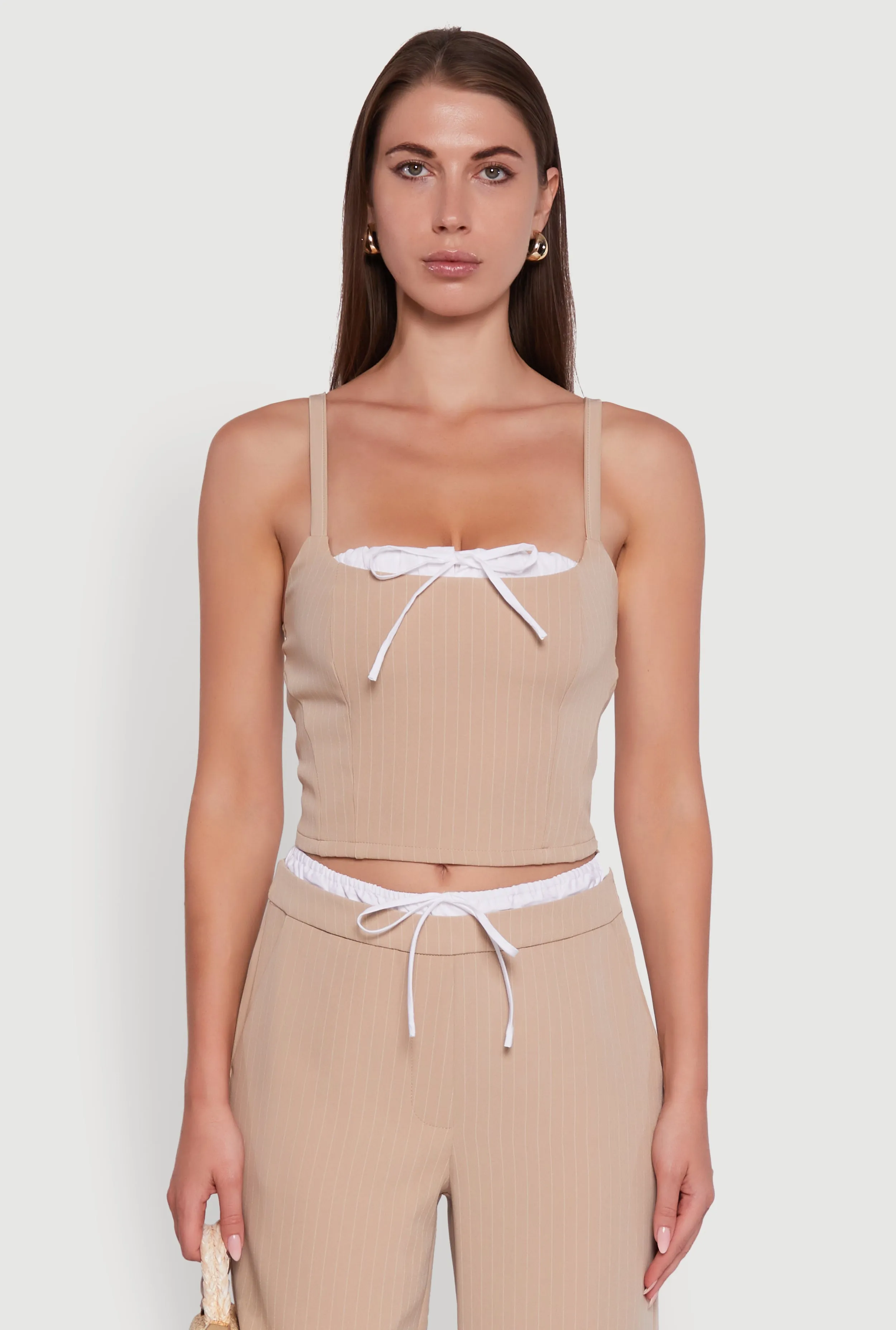 Iris Pinstripe Crop Top with Tie Front and Lace-Up Detail sold by Rainbow