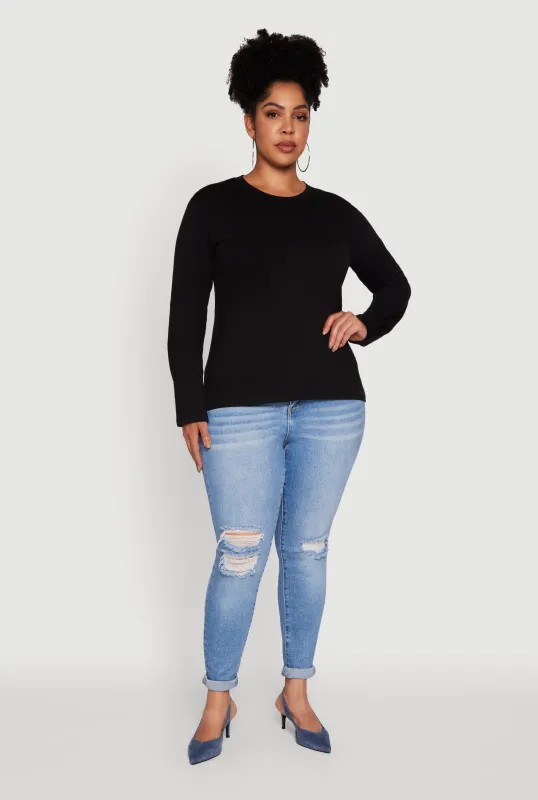 Plus Size Basic Long Sleeve Crew Neck T-Shirt sold by Rainbow