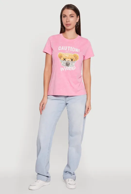 Acid Wash Teddy Bear Caution Graphic Crew Neck Tee sold by Rainbow