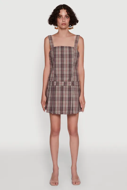 Plaid Square Neck Sleeveless Pleated Hem Dress sold by Rainbow