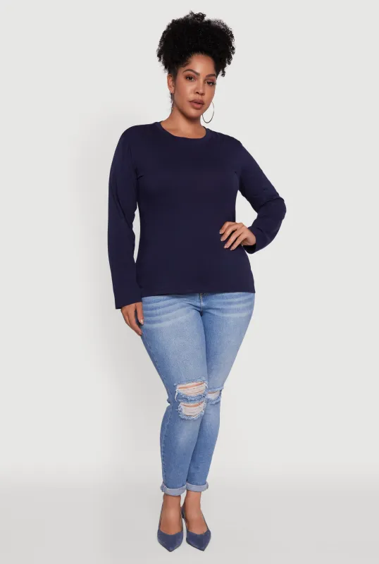 Plus Size Basic Long Sleeve Crew Neck T-Shirt sold by Rainbow