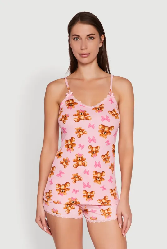 Teddy Bear Bow Print Pajama Cami and Shorts Set sold by Rainbow