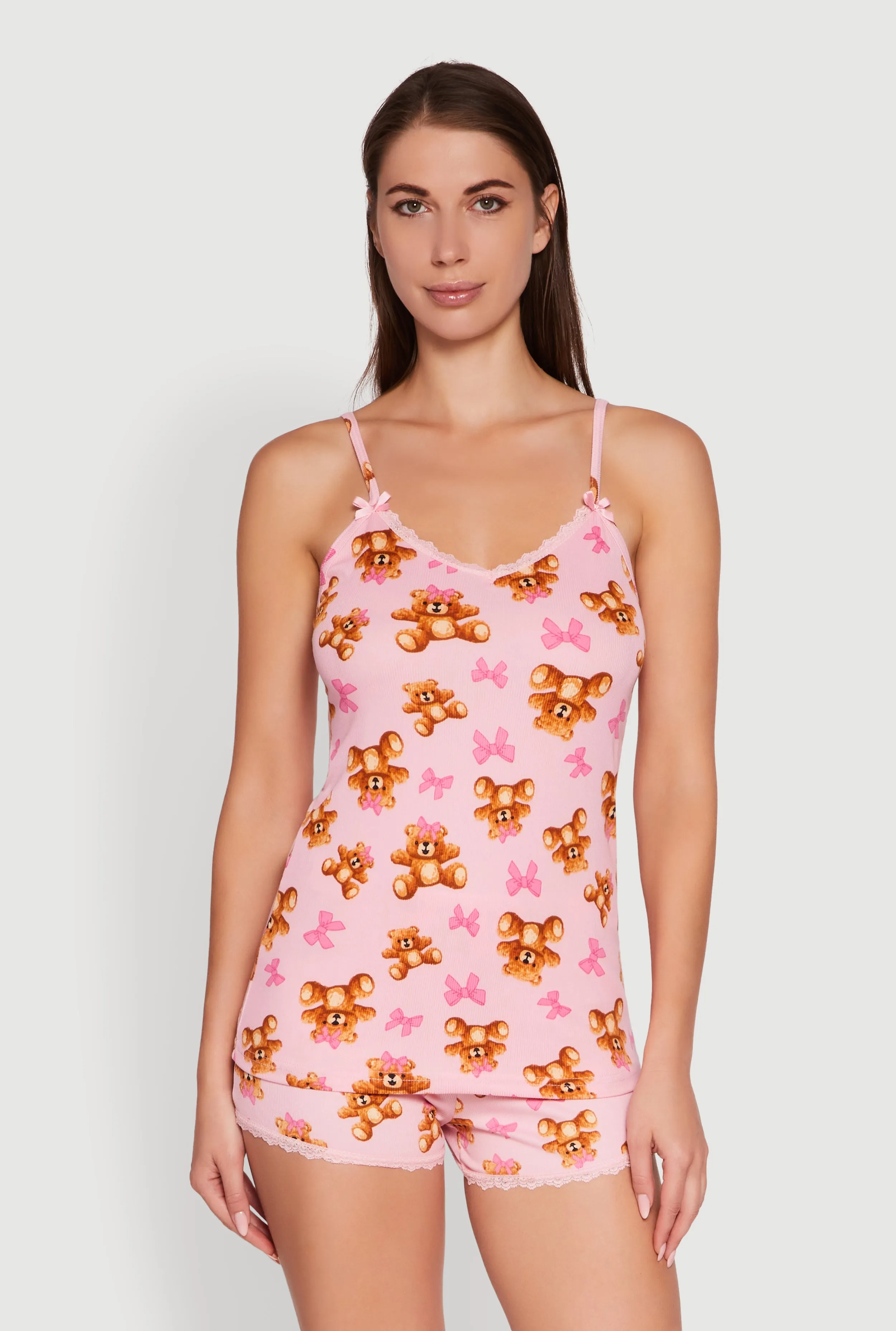 Teddy Bear Bow Print Pajama Cami and Shorts Set sold by Rainbow