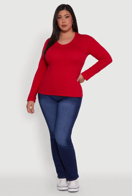 Plus Size Basic V Neck Long Sleeve T-Shirt sold by Rainbow