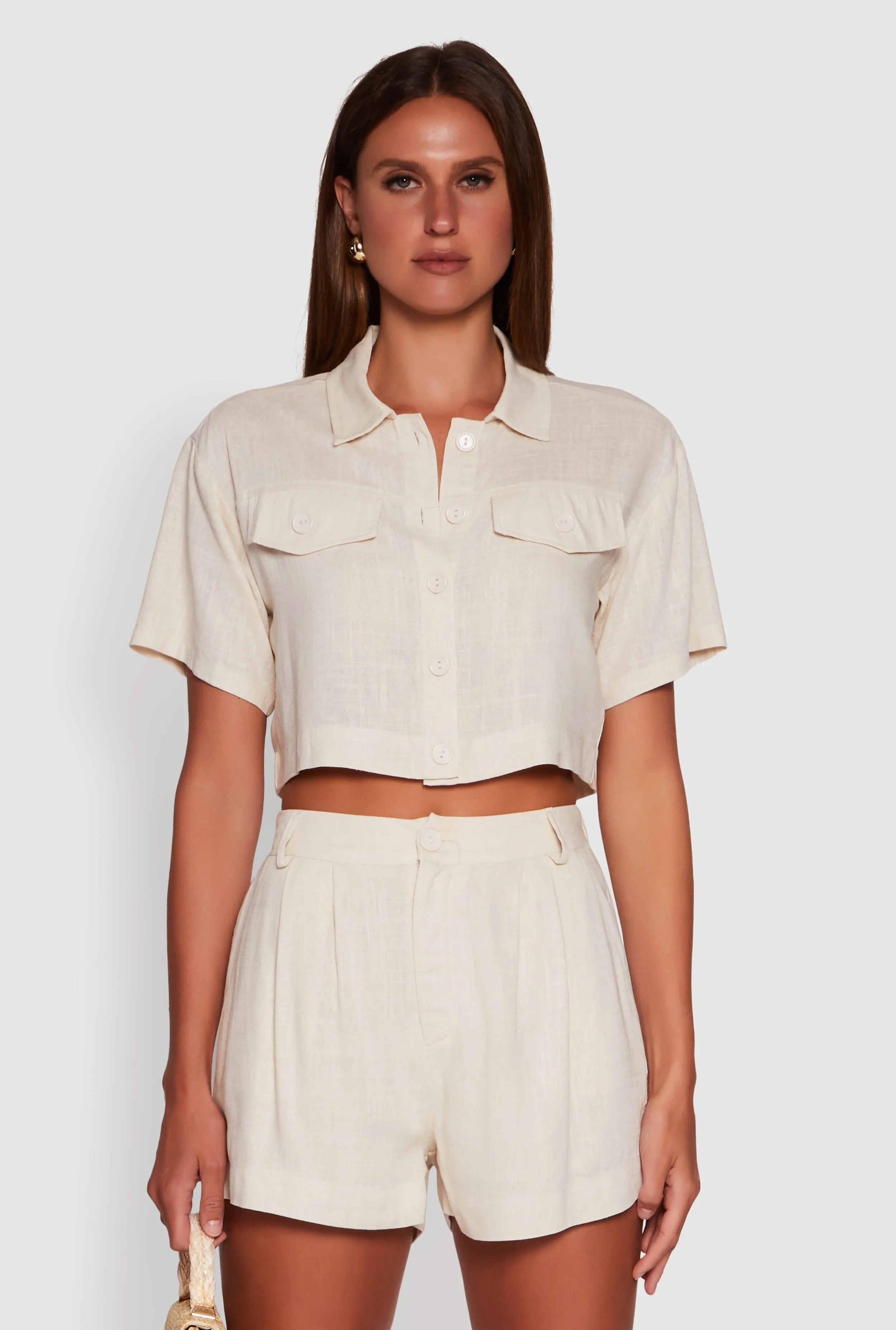 Trendy Linen Flap Detail Button Front Cropped Shirt sold by Rainbow