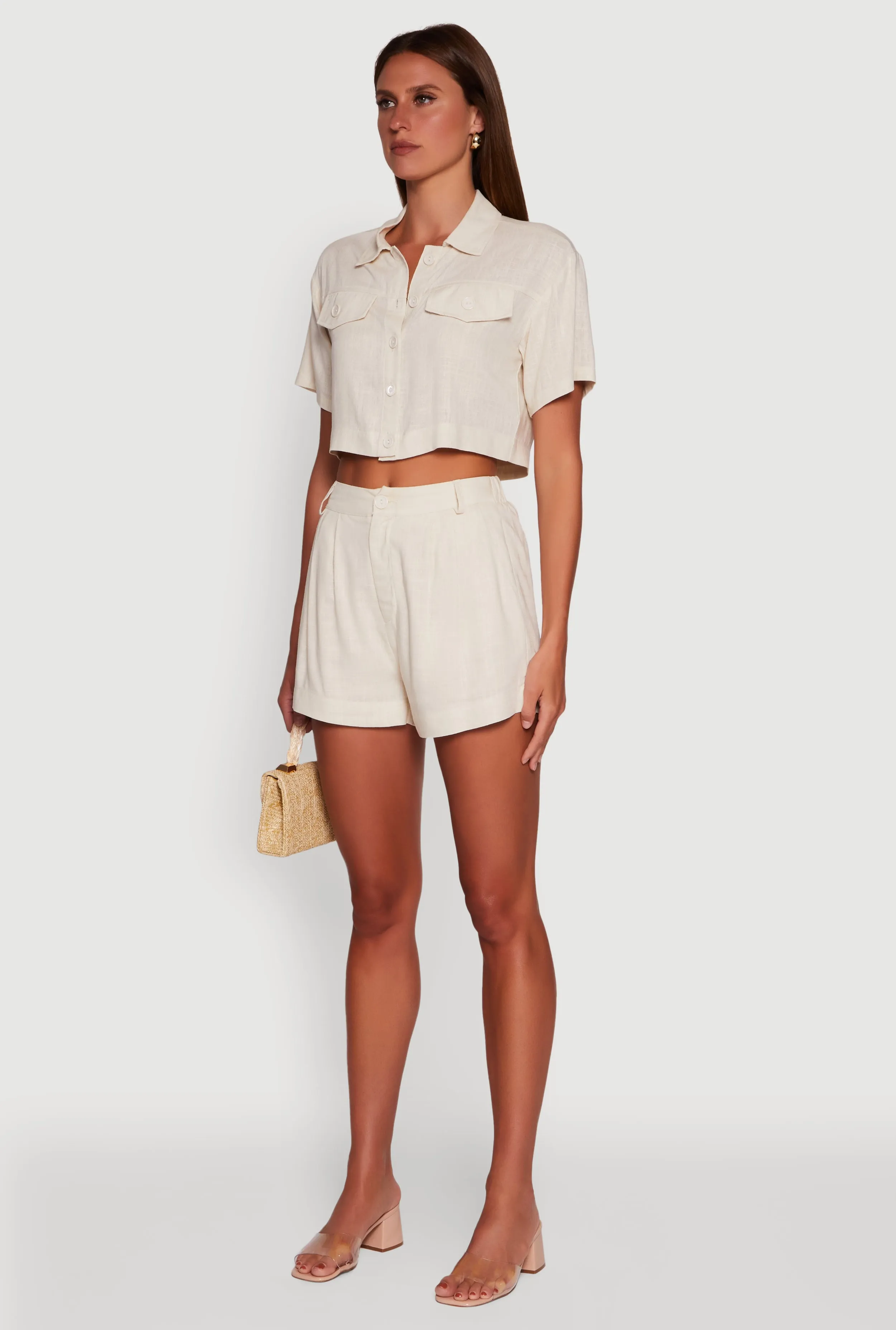 Trendy Linen Flap Detail Button Front Cropped Shirt sold by Rainbow product image thumbnail 5