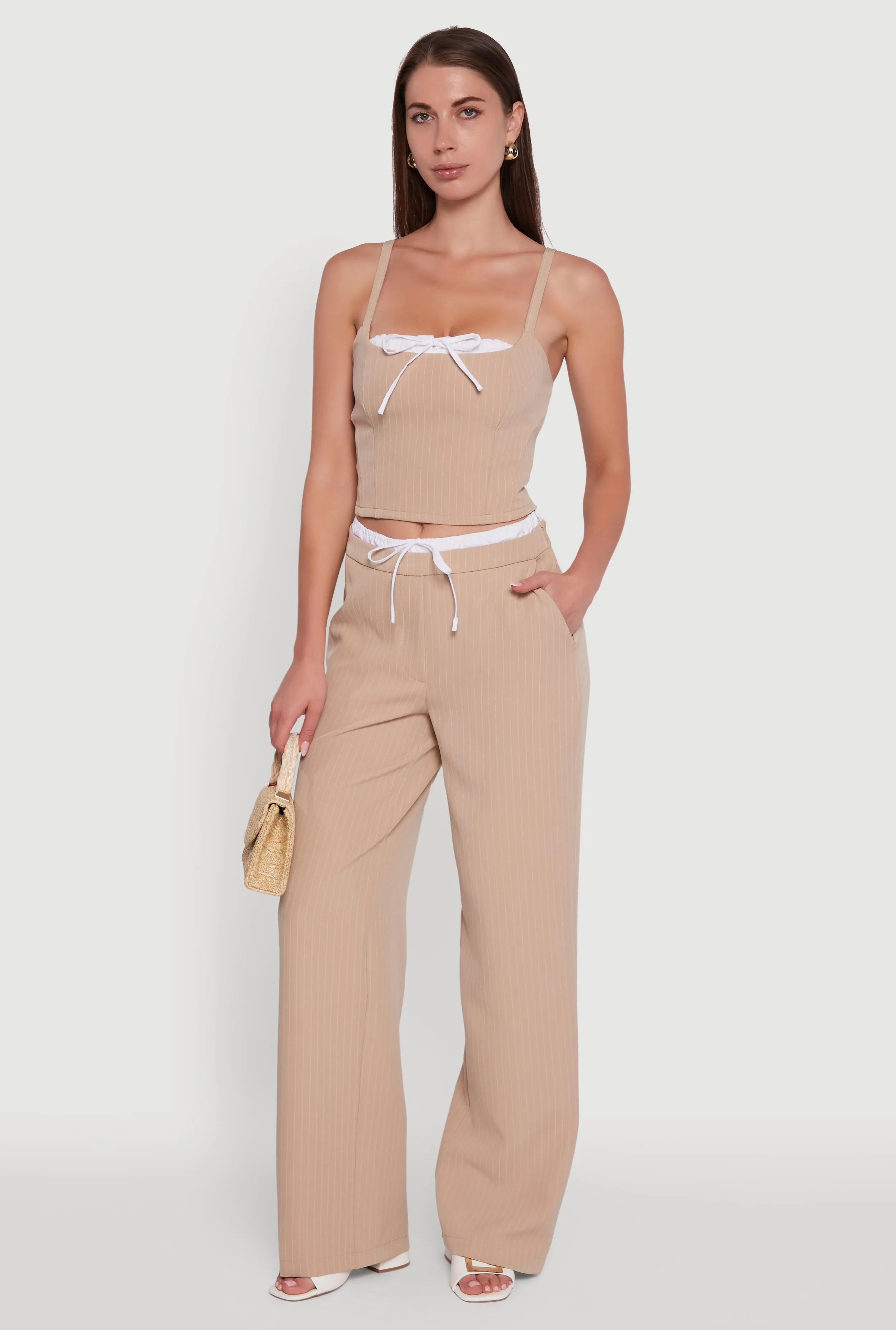 Iris Pinstripe High Waisted Wide Leg Pants with Tie Front sold by Rainbow