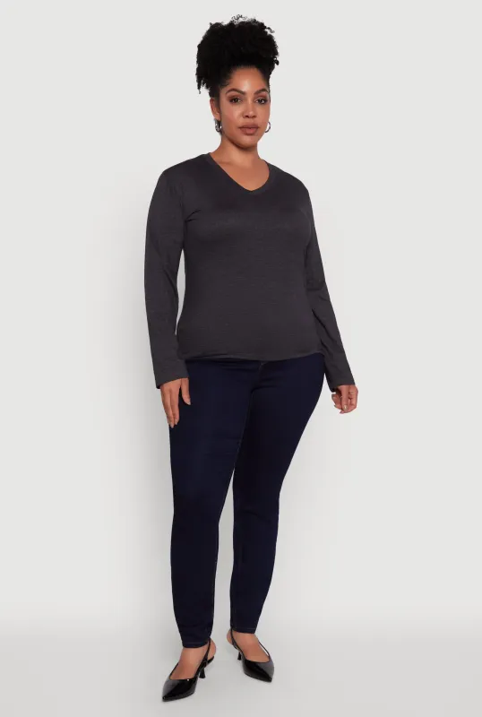 Plus Size Basic V Neck Long Sleeve T-Shirt sold by Rainbow