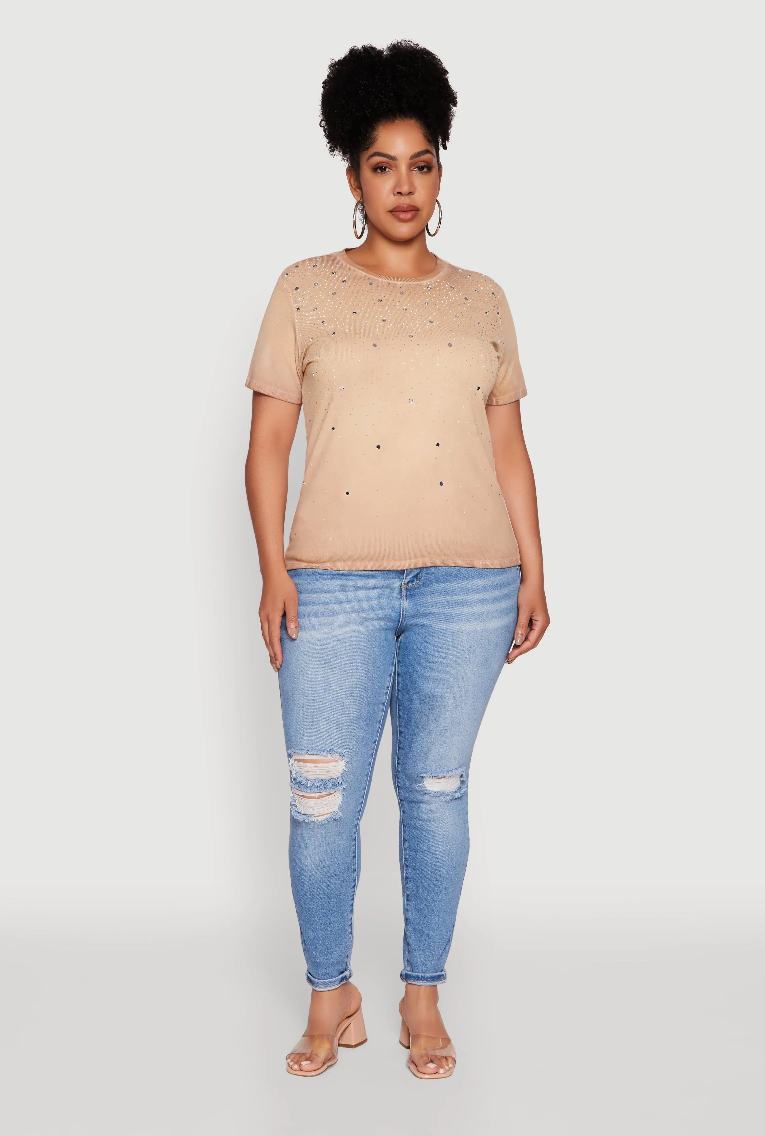 Plus Size Acid Wash Ribbed Knit Rhinestone Detail T-Shirt sold by Rainbow product image thumbnail 3