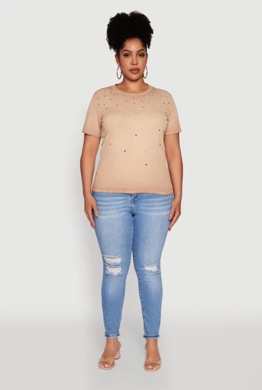 Plus Size Acid Wash Ribbed Knit Rhinestone Detail T-Shirt sold by Rainbow