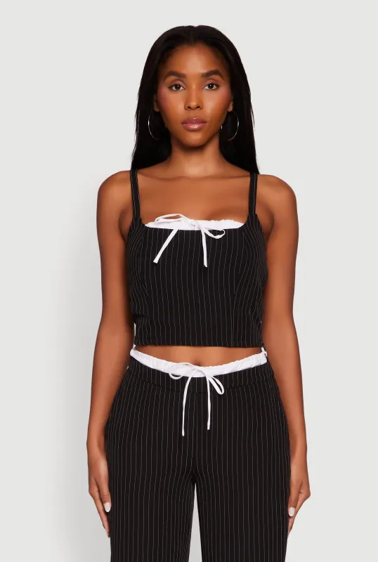 Iris Pinstripe Crop Top with Tie Front and Lace-Up Detail sold by Rainbow