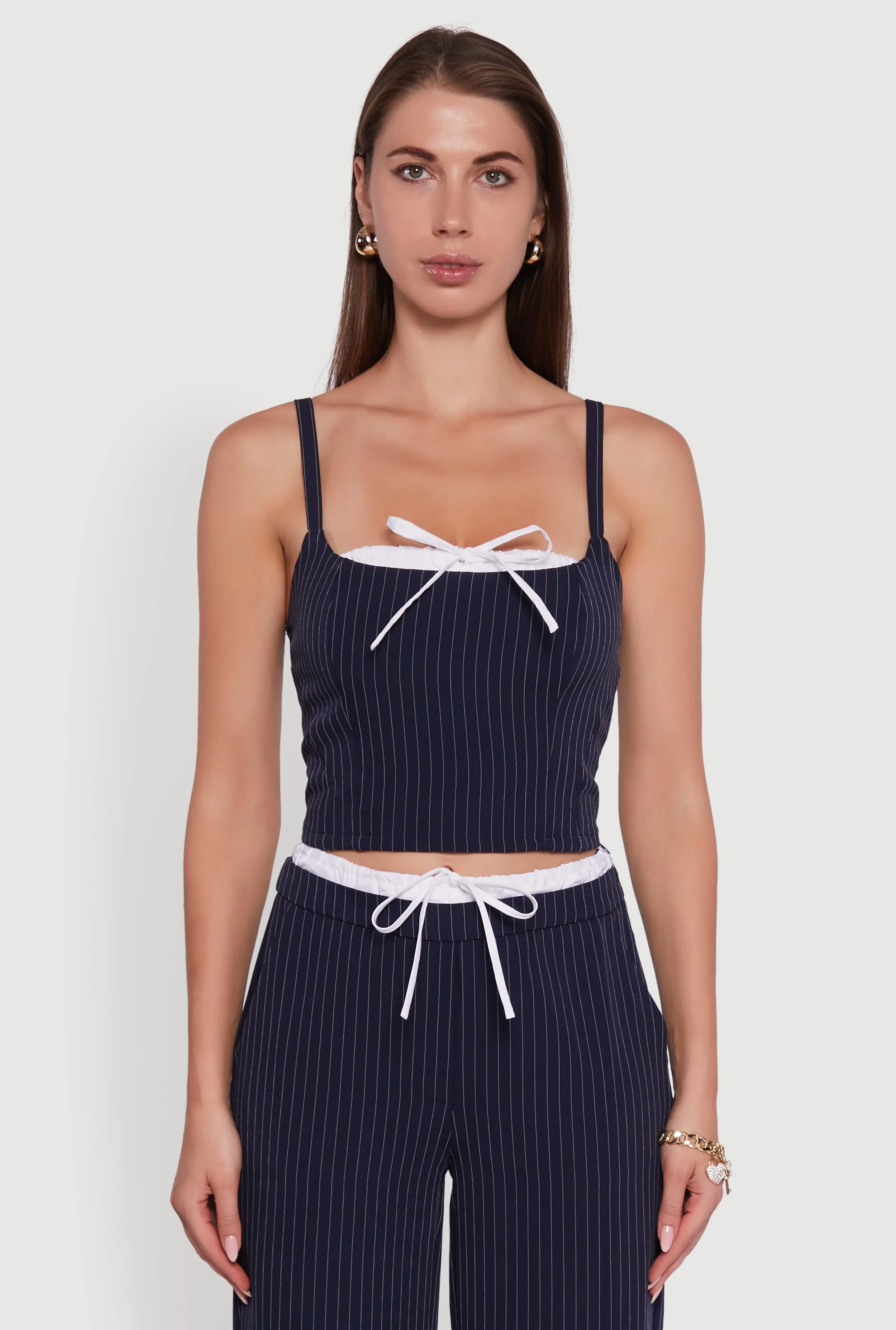 Iris Pinstripe Crop Top with Tie Front and Lace-Up Detail sold by Rainbow