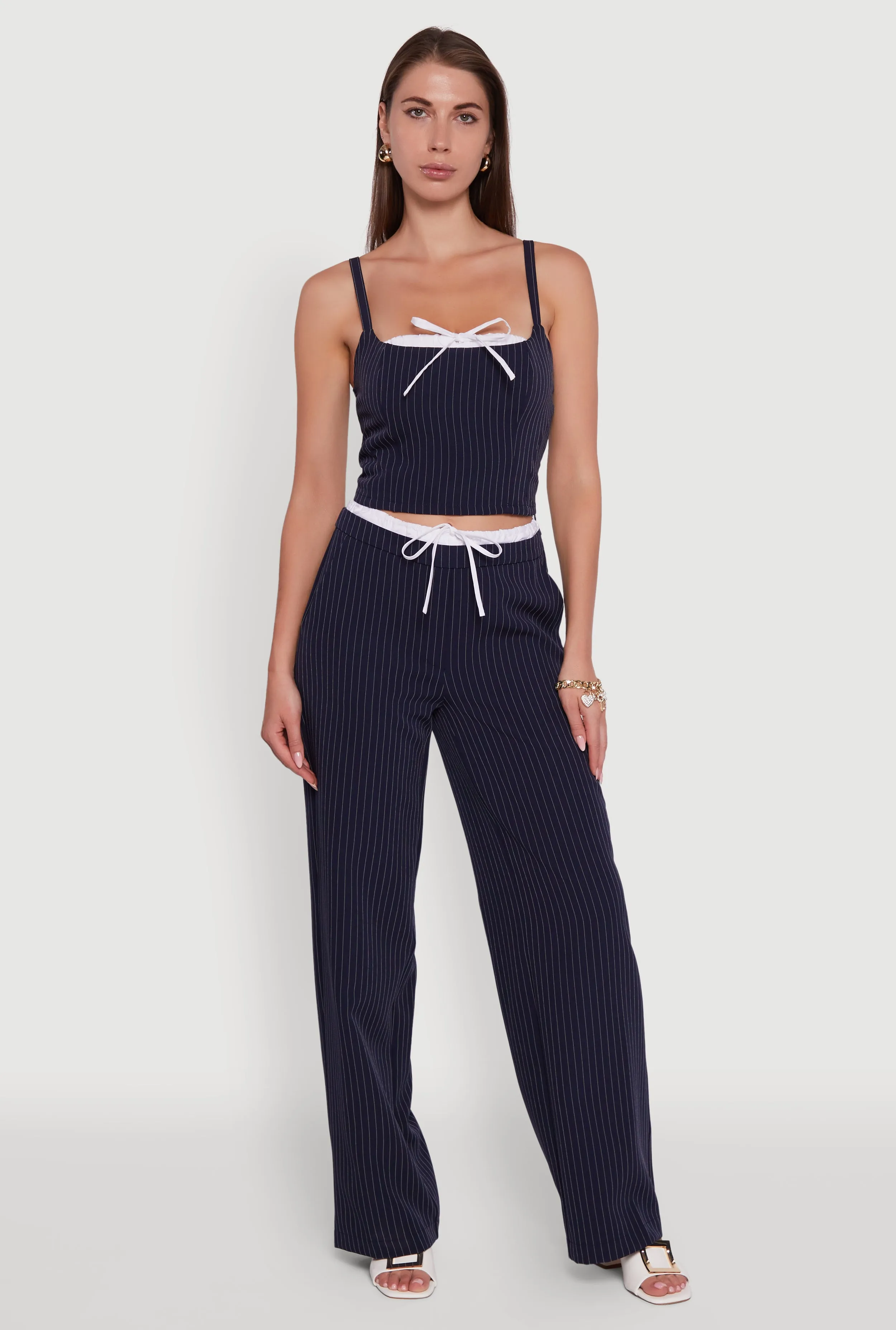 Iris Pinstripe Crop Top with Tie Front and Lace-Up Detail sold by Rainbow product image thumbnail 2