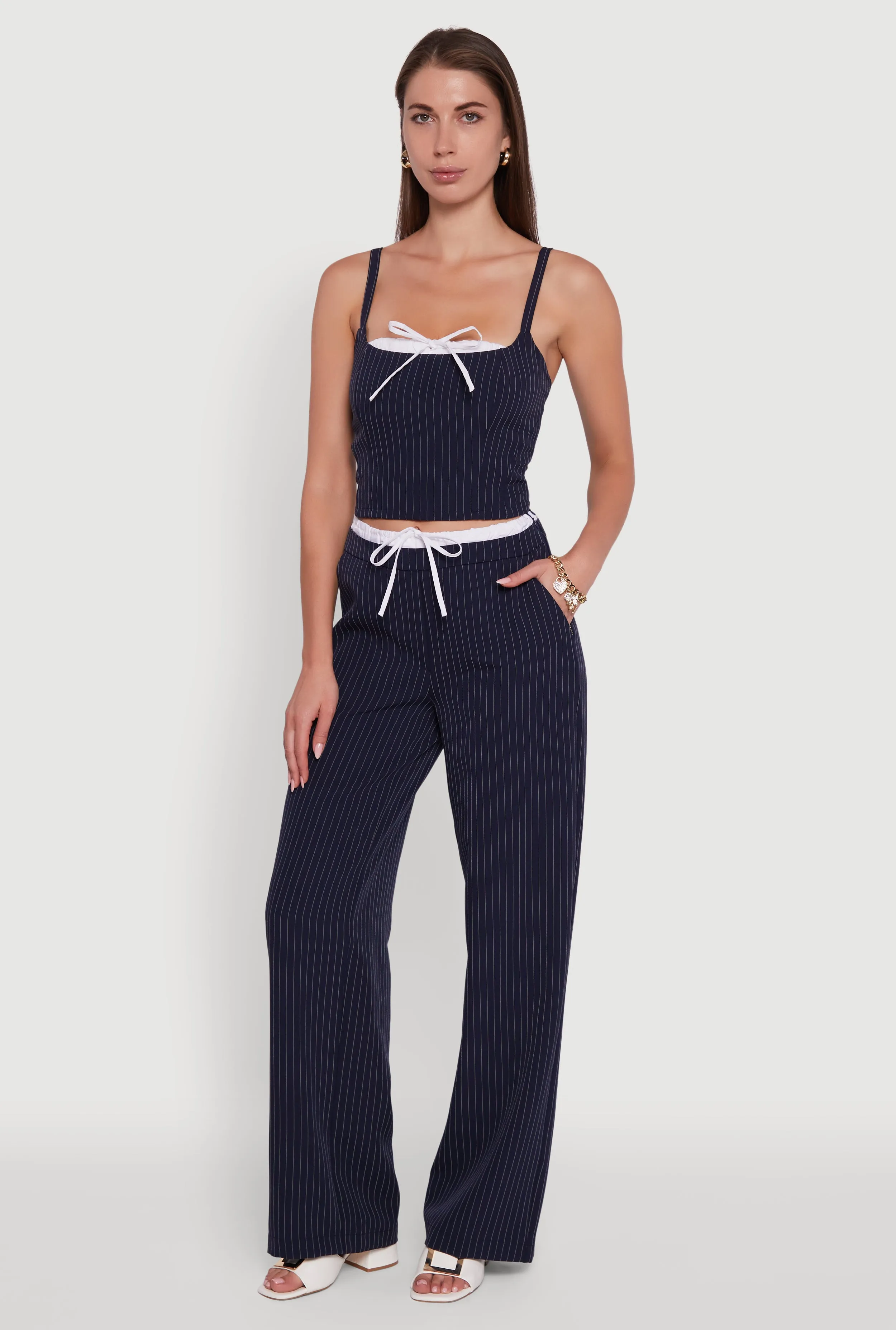 Iris Pinstripe High Waisted Wide Leg Pants with Tie Front sold by Rainbow