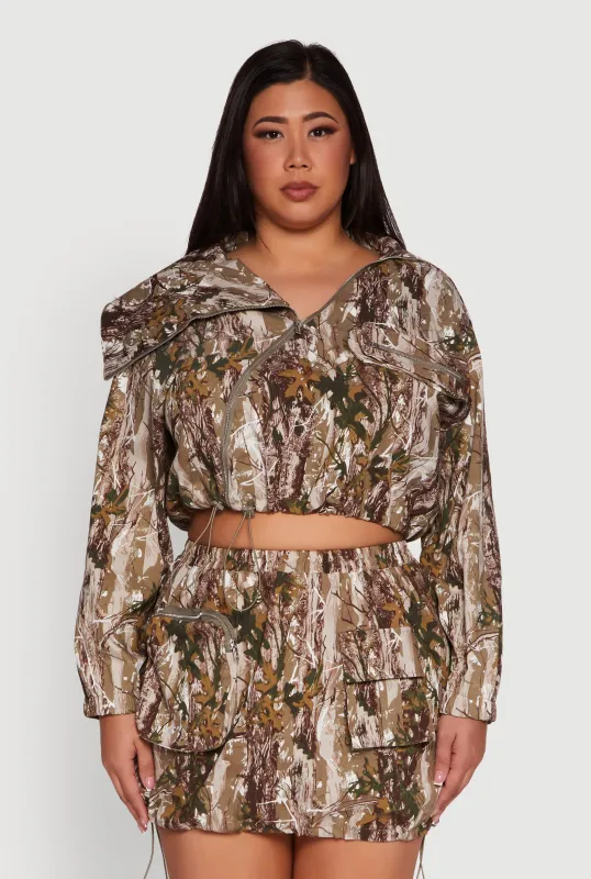 Plus Size Hunter Camo Zip Front Drawstring Hem Jacket sold by Rainbow