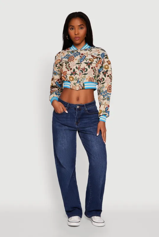 Floral Jacquard Varsity Stripe Cropped Bomber Jacket sold by Rainbow