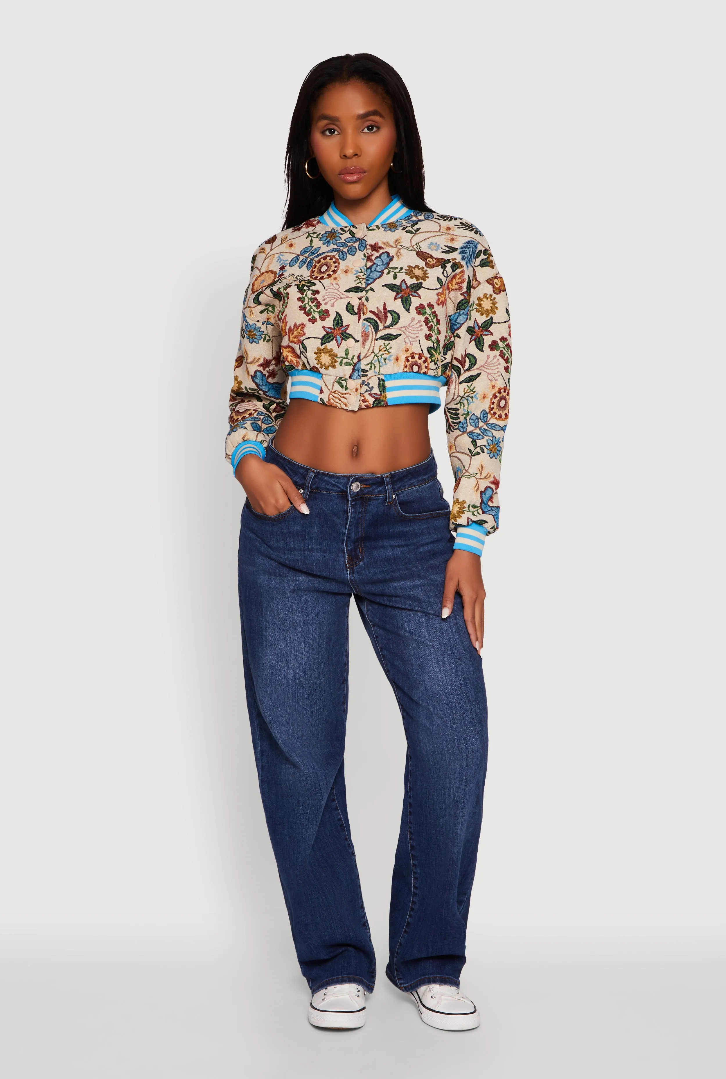 Floral Jacquard Varsity Stripe Cropped Bomber Jacket sold by Rainbow