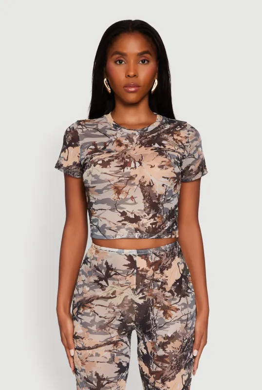 Camo Leaf Print Mesh Crop Top sold by Rainbow