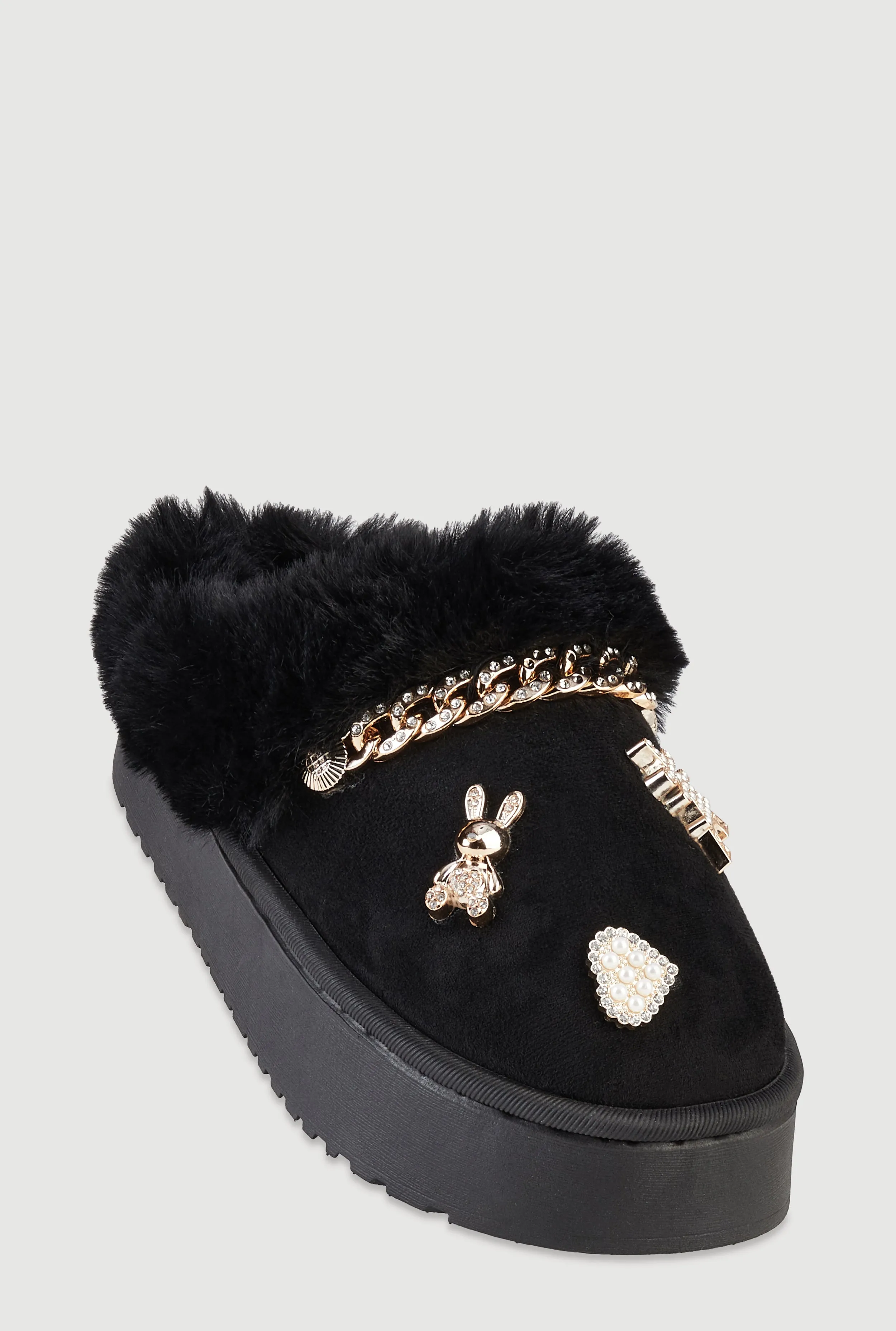 Faux Fur Lined Studded Charm Platform Mule Slippers sold by Rainbow