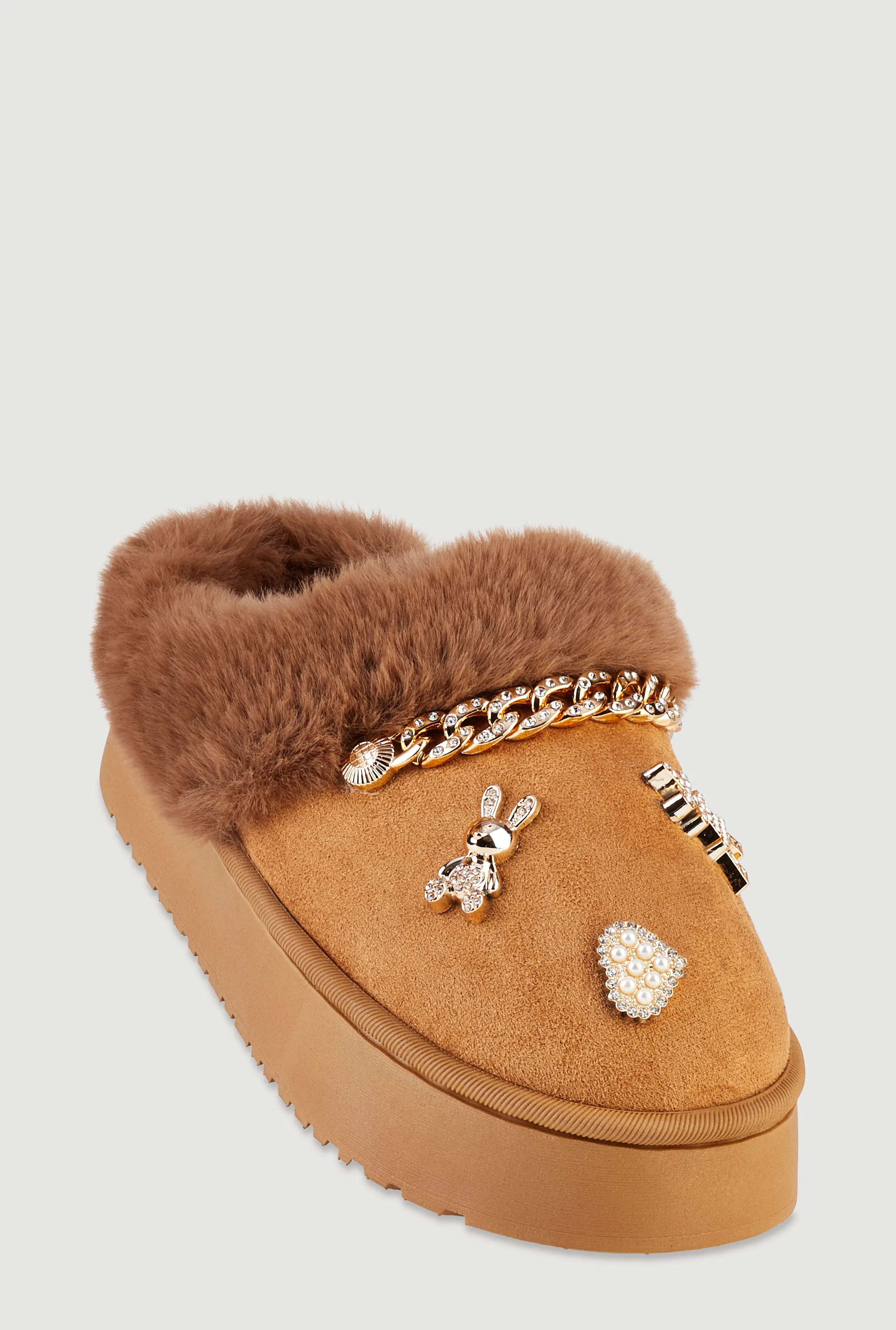 Faux Fur Lined Studded Charm Platform Mule Slippers sold by Rainbow