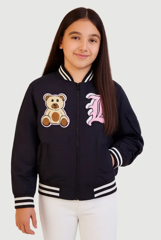 Girls Initial B Chenille Patch Varsity Bomber Jacket sold by Rainbow