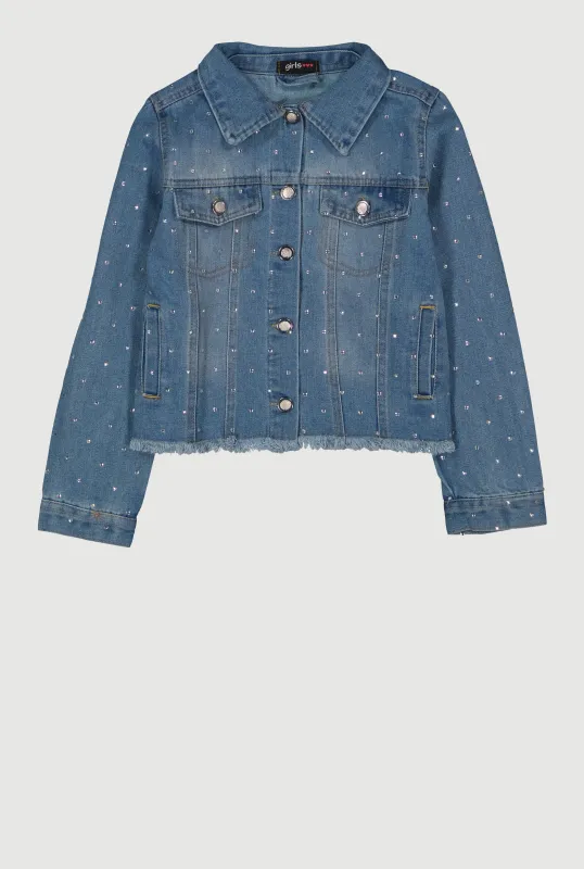 Girls Rhinestone Studded Frayed Hem Denim Jacket sold by Rainbow