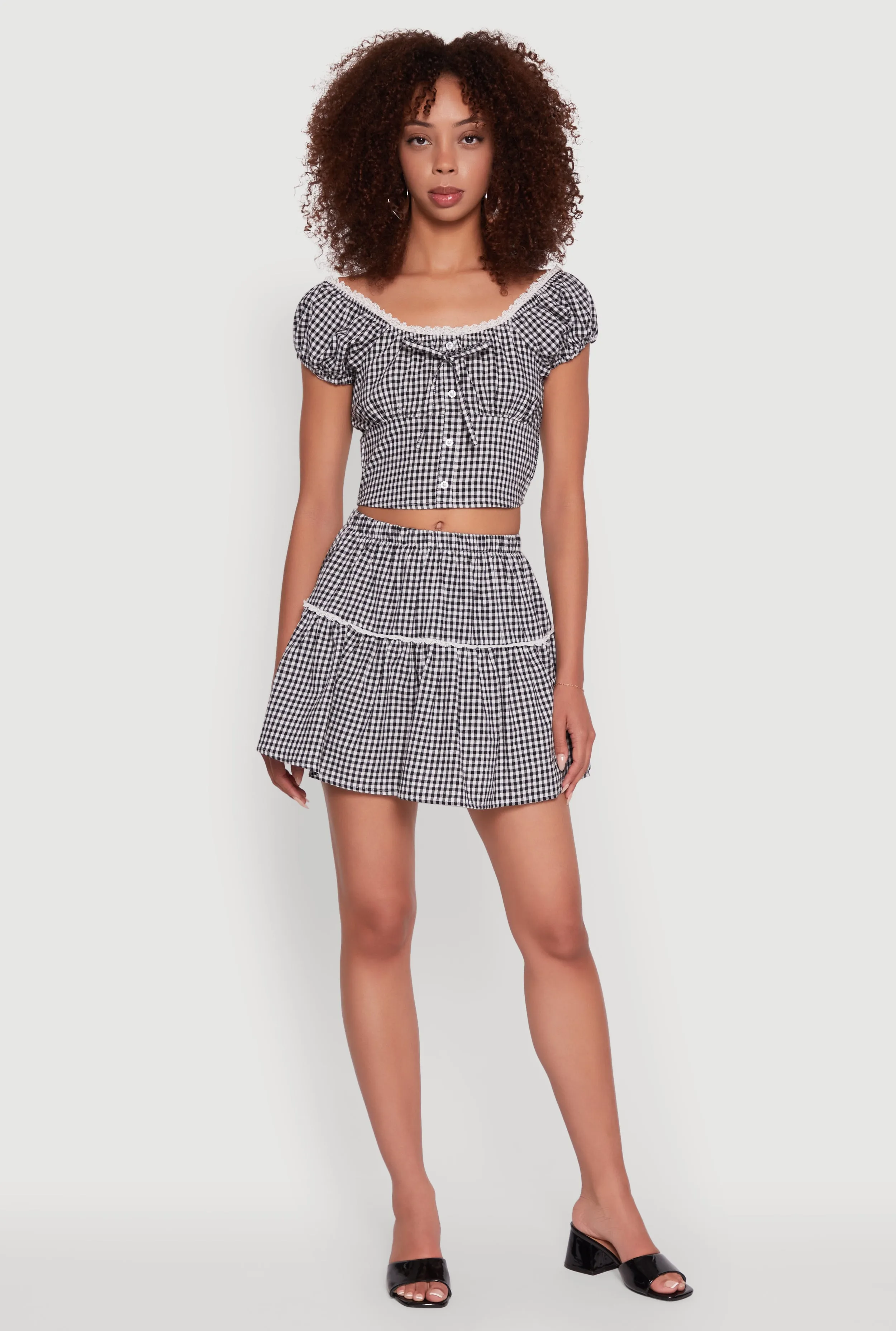Gingham Lace Trim Tiered Mini Skirt sold by Rainbow
