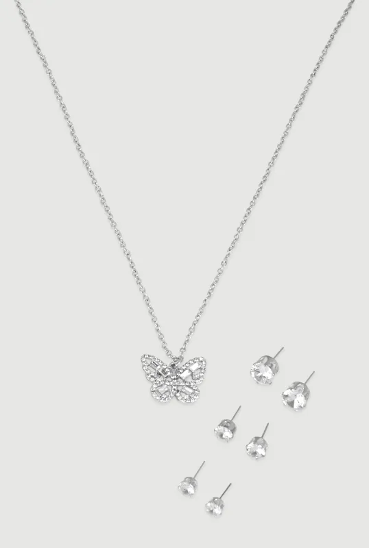 Cubic Zirconia Butterfly Charm Necklace and Stud Earrings sold by Rainbow