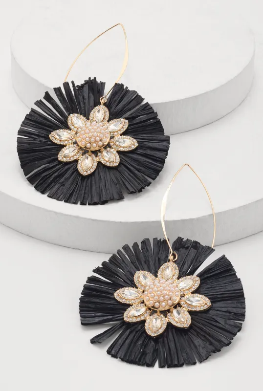Faux Pearl Rhinestone Studded Raffia Flower Drop Earrings sold by Rainbow