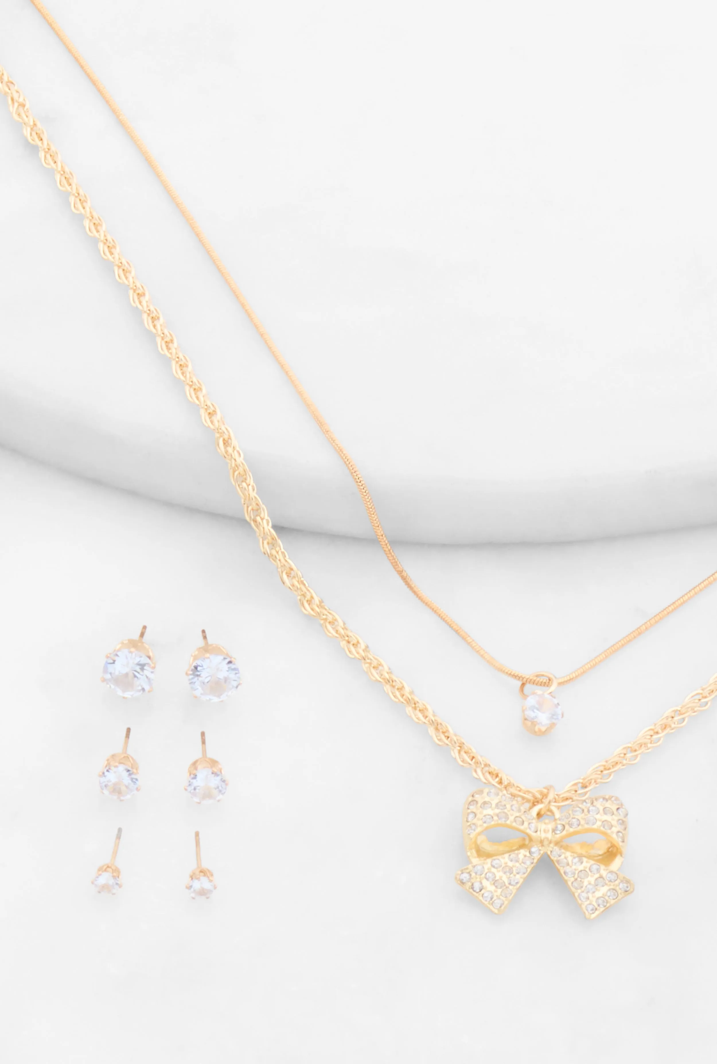 Bow Layered Necklace and Cubic Zirconia Earrings Set sold by Rainbow product image thumbnail 2