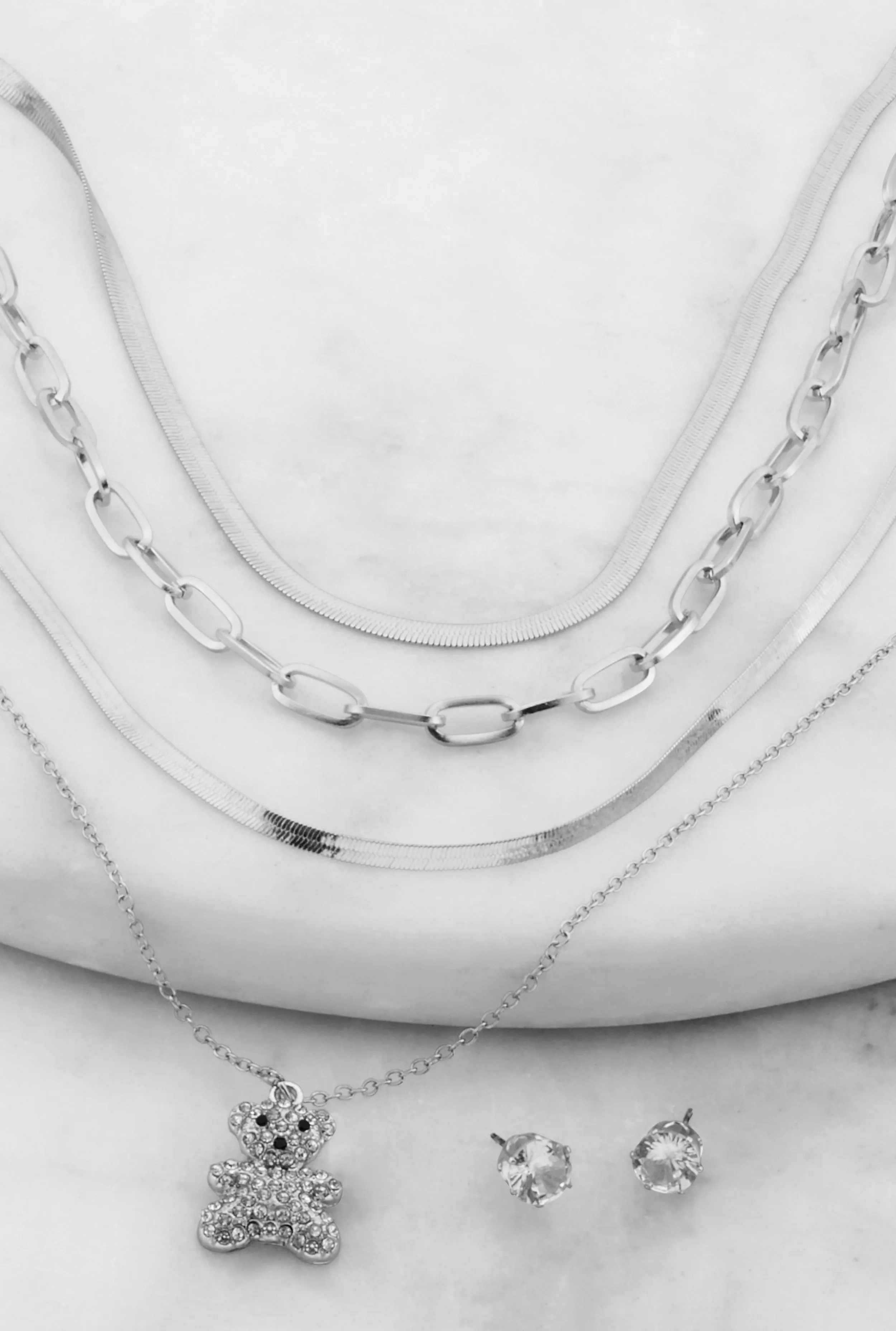 Teddy Bear Charm Layered Necklace and Cubic Zirconia Earrings sold by Rainbow