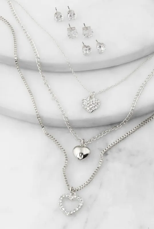 Heart Charm Layered Necklace with Stud Earring Trio sold by Rainbow