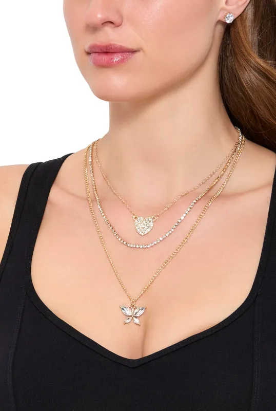 Cubic Zirconia Butterfly Layered Necklace and Stud Earrings sold by Rainbow