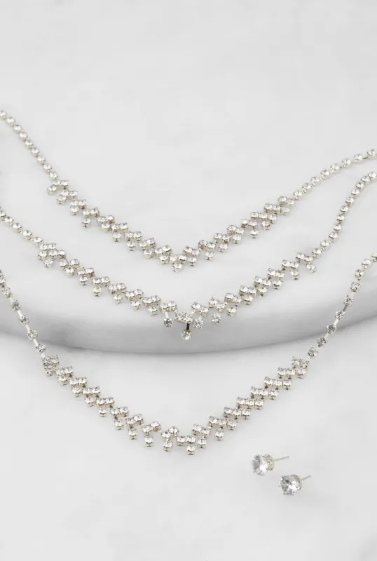 Rhinestone Layered Necklace and Earrings Set sold by Rainbow