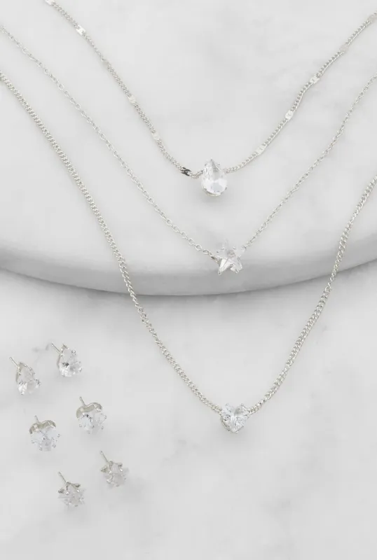 Cubic Zirconia Layered Necklace with Stud Earrings Set sold by Rainbow