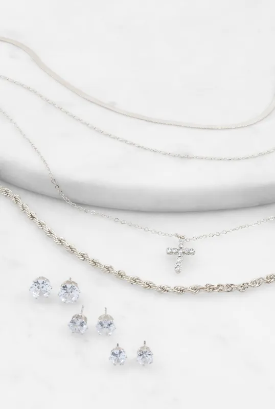 Cross Charm Layered Necklace with Stud Earring Trio sold by Rainbow