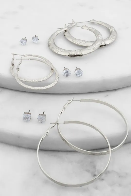 Textured Hoop Earrings and Cubic Zirconia Stud Earrings Set of 6 sold by Rainbow