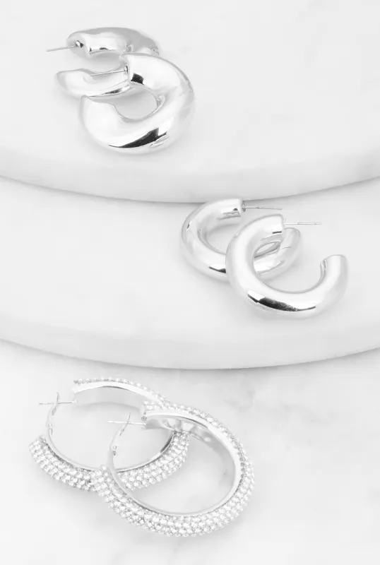 Rhinestone Studded Chunky Hoop Earring Trio sold by Rainbow
