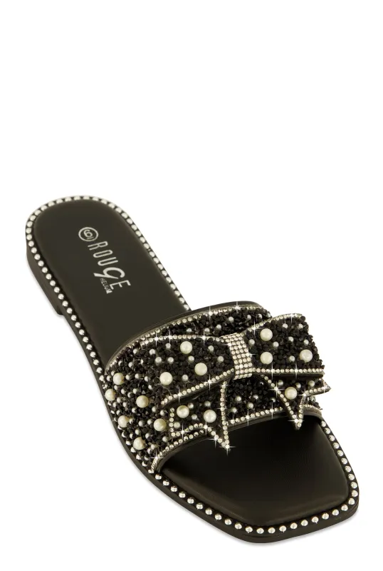 Studded Bow Band Slide Sandals sold by Rainbow