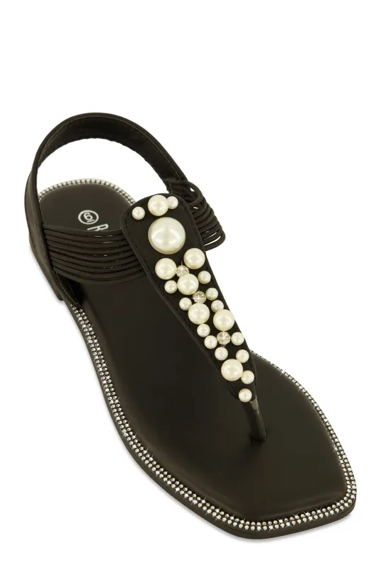Faux Pearl Studded Ankle Strap Thong Sandals sold by Rainbow